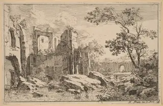 Man and Ox in a River, by Jan Smees, ink, 1707