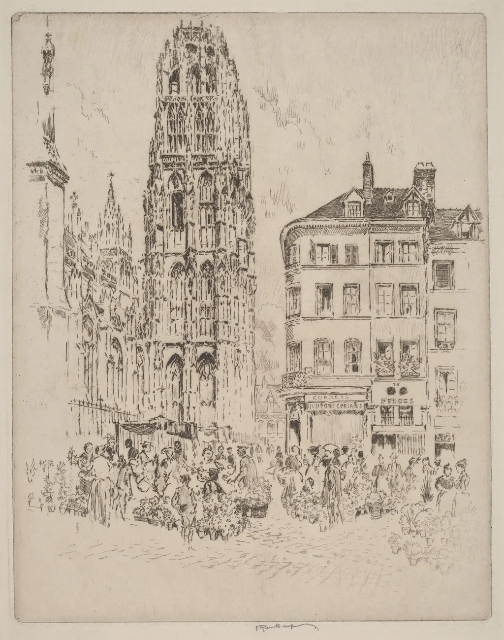 Flower Market and Butter Tower, Rouen, by Joseph Pennell, ink, 1907