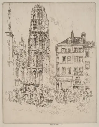 Flower Market and Butter Tower, Rouen, by Joseph Pennell, ink, 1907
