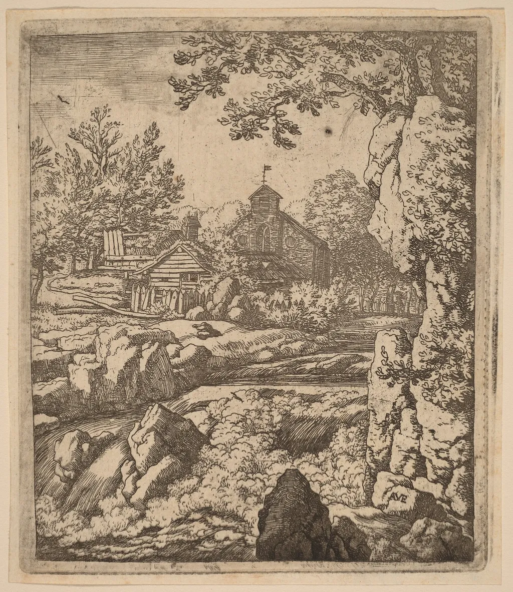 Waterfall, by Allart van Everdingen, ink, 1650