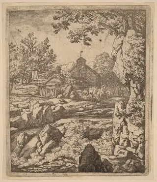 Waterfall, by Allart van Everdingen, ink, 1650