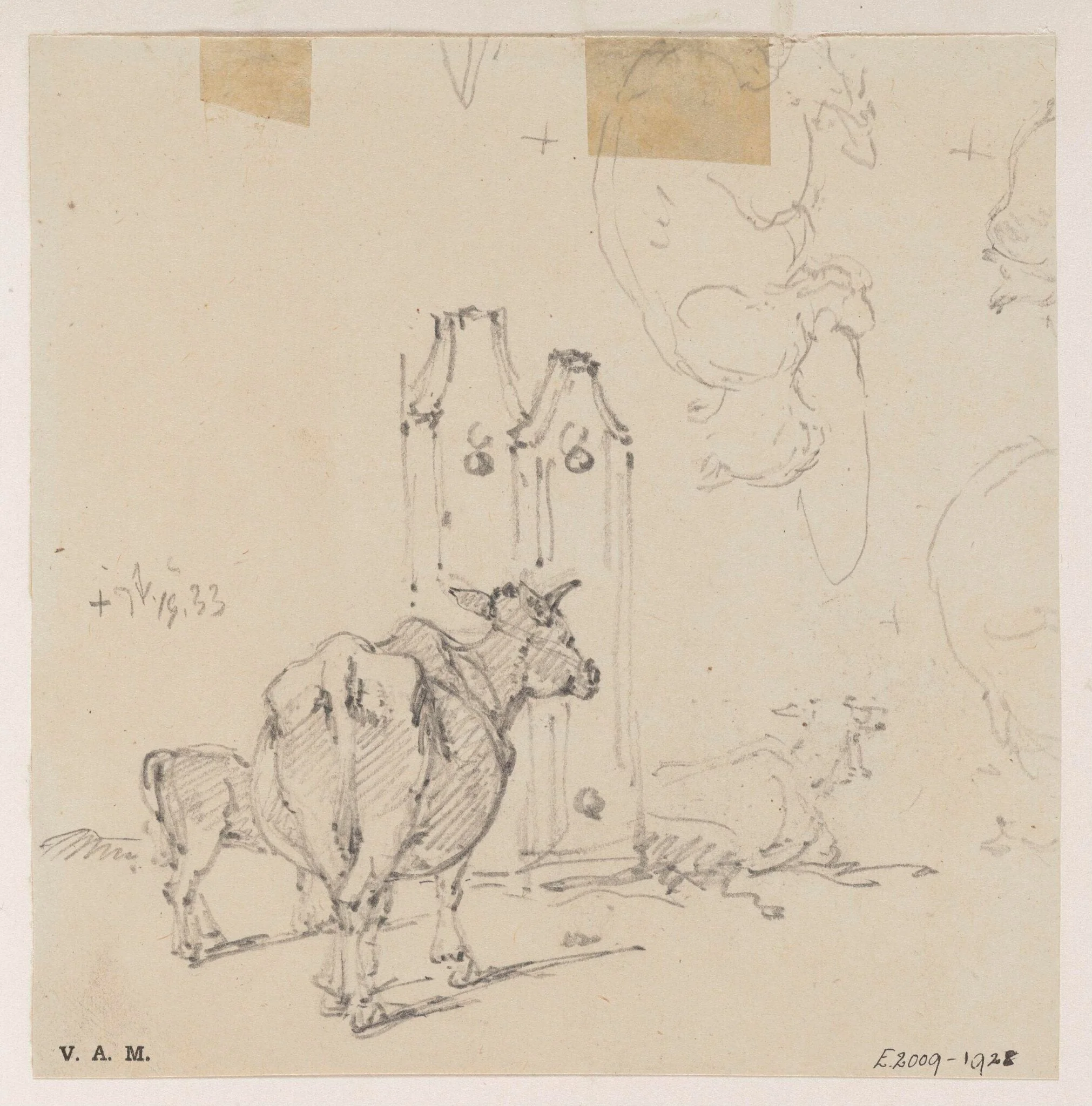 A cow and calf, with other sketches, detail