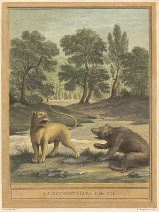 La lionne et l'ours (The Lion and the Bear), by Louis-Simon Lempereur, ink, 1759