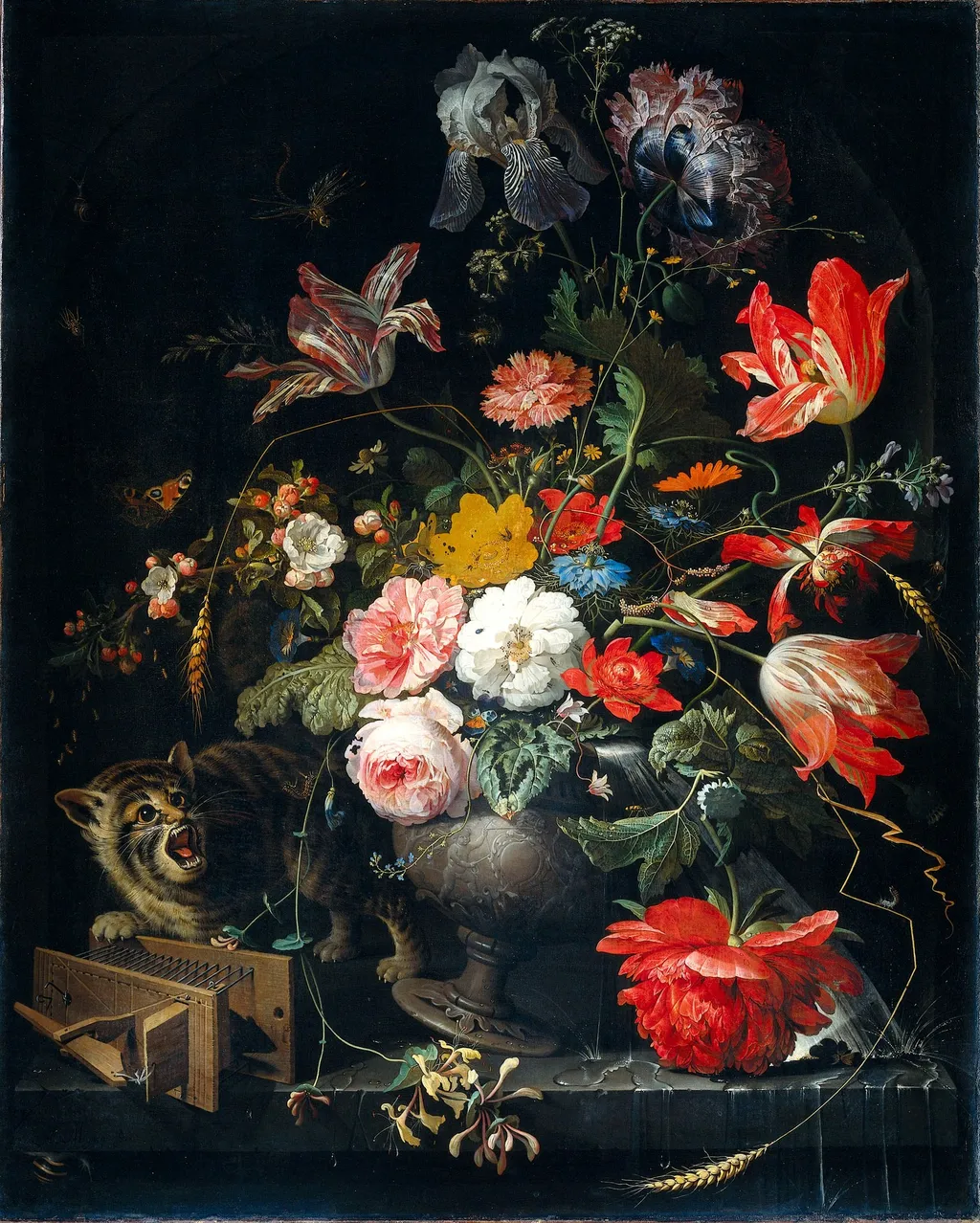 Bouquet with cat and mousetrap, by Abraham Mignon, oil, 1650