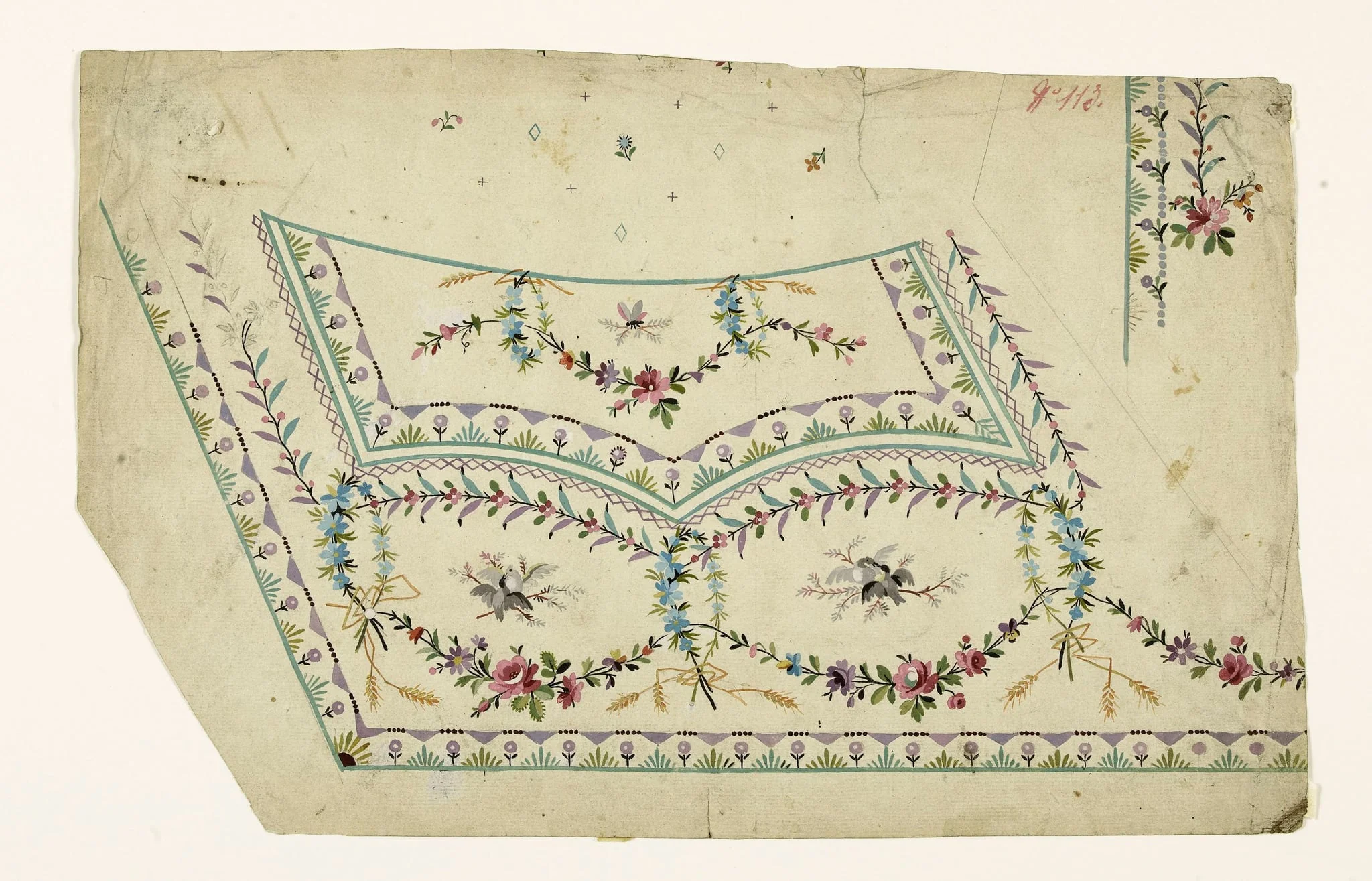 Scènes de becquées d'oiseaux dans des cartouches de fleurs et d'épis, frises de croisillons, de motifs géométriques et de fleurs stylisées, projets de broderies de gilet, XVIIIème siècle, detail