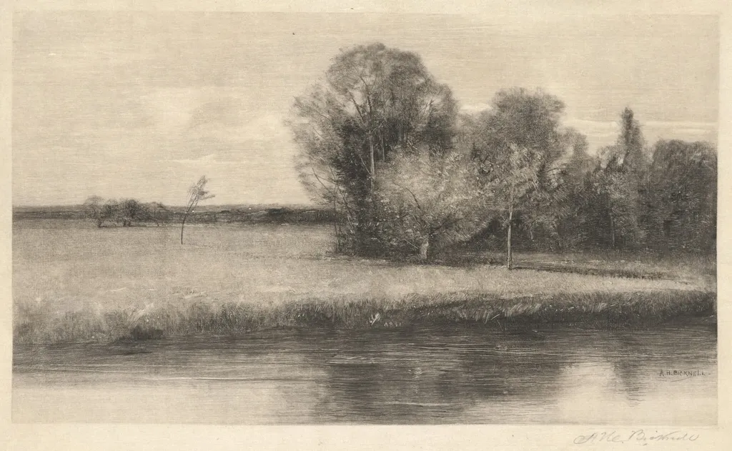 A Sun-dappled Meadow by a River, by Albion Bicknell, ink, 1890