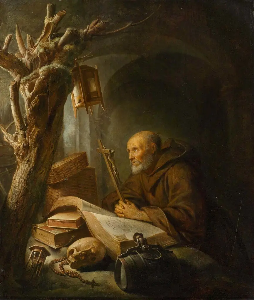 Hermit at prayer, by Gerrit Dou, oil, 1670