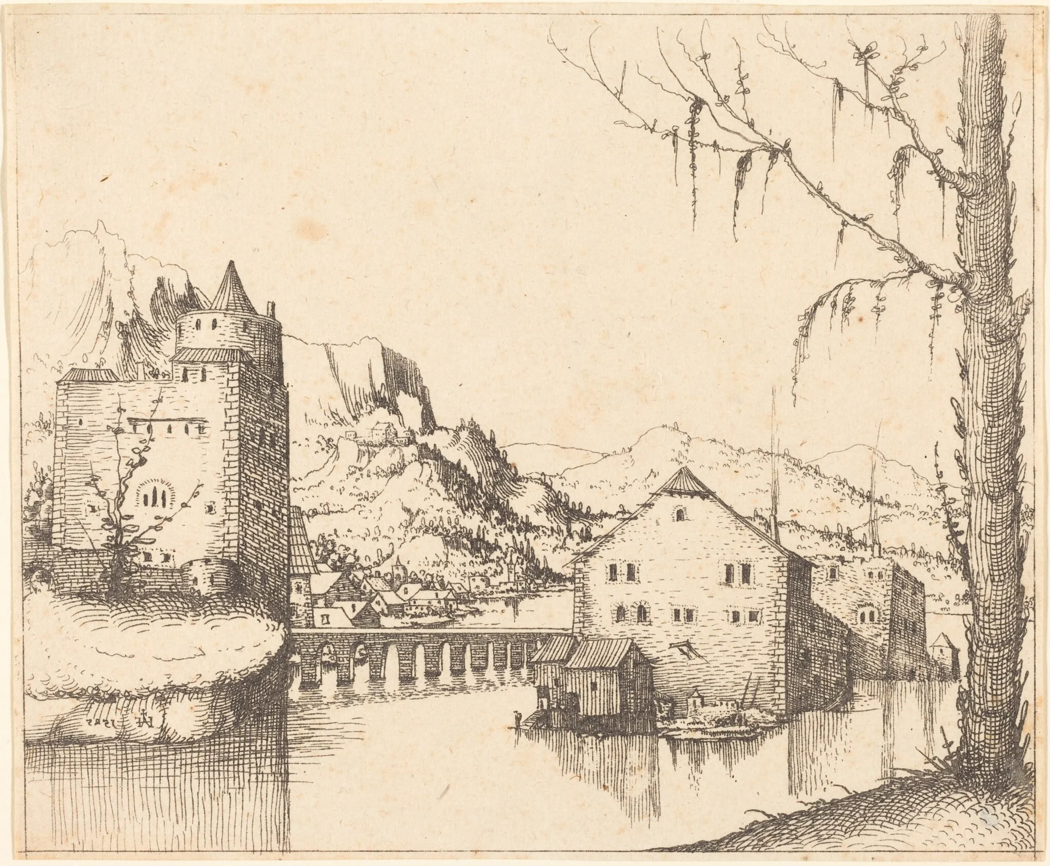 River Landscape with Two Buildings, detail
