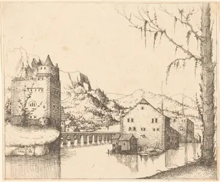 River Landscape with Two Buildings, by Augustin Hirschvogel, ink, 1545