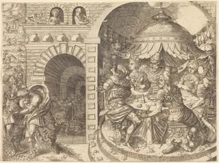 Pharaoh and the Plague of Frogs, by Pierre II Woeiriot de Bouzey, ink, 1566