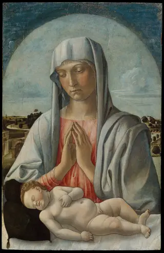Madonna Adoring the Sleeping Child, by Giovanni Bellini, tempera, 1455