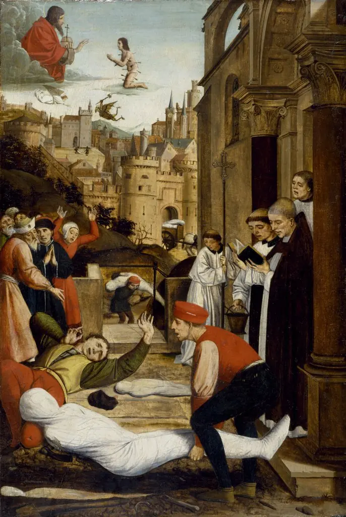 Saint Sebastian Interceding for the Plague Stricken, by Josse Lieferinxe, oil, 1500