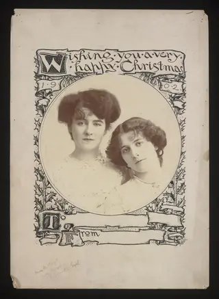 Manufacturer's proof of a souvenir Christmas card for 1902 featuring Mabel Hirst and Daisy Le Hay who were appearing in <i>A Country Girl</i>, Daly's Theatre, 1902. Photograph by Foulsham & Banfield; drawing by F.V. Poole, by Frederick Victor Poole, 1902
