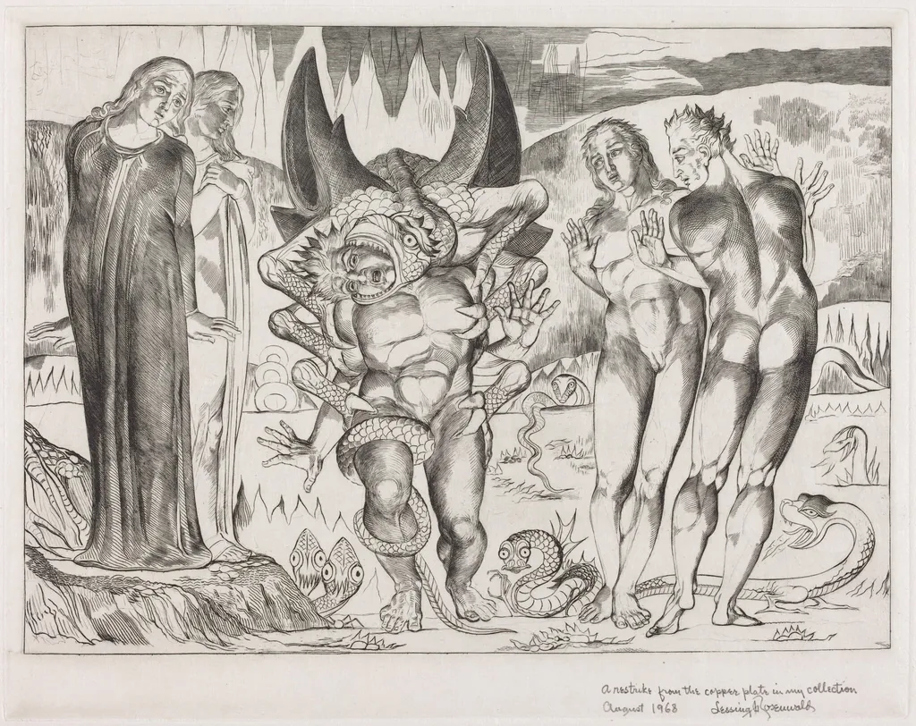 The Circle of the Thieves; Agnolo Brunelleschi Attacked by a Six-Footed Serpent, by William Blake, ink, 1827