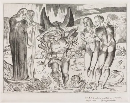 The Circle of the Thieves; Agnolo Brunelleschi Attacked by a Six-Footed Serpent, by William Blake, ink, 1827