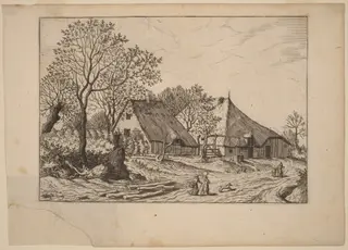 Farm with Shed and Draw Well, by Johannes van Doetechum the Elder, ink
