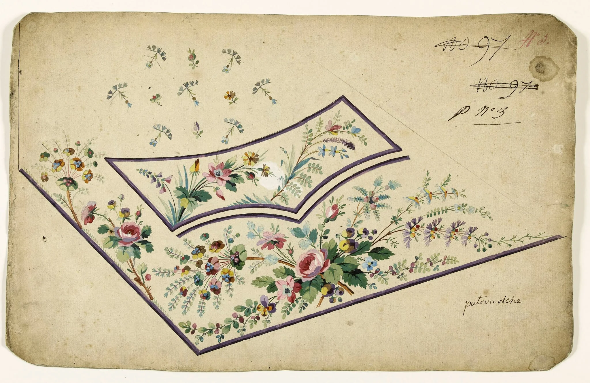Composition florale en bouquets, projets de broderies de gilet, XVIIIème siècle, detail