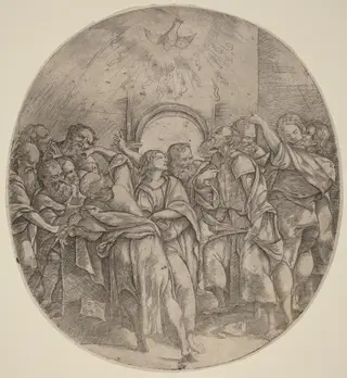 The Descent of the Holy Spirit, by Domenico Campagnola, ink, 1518