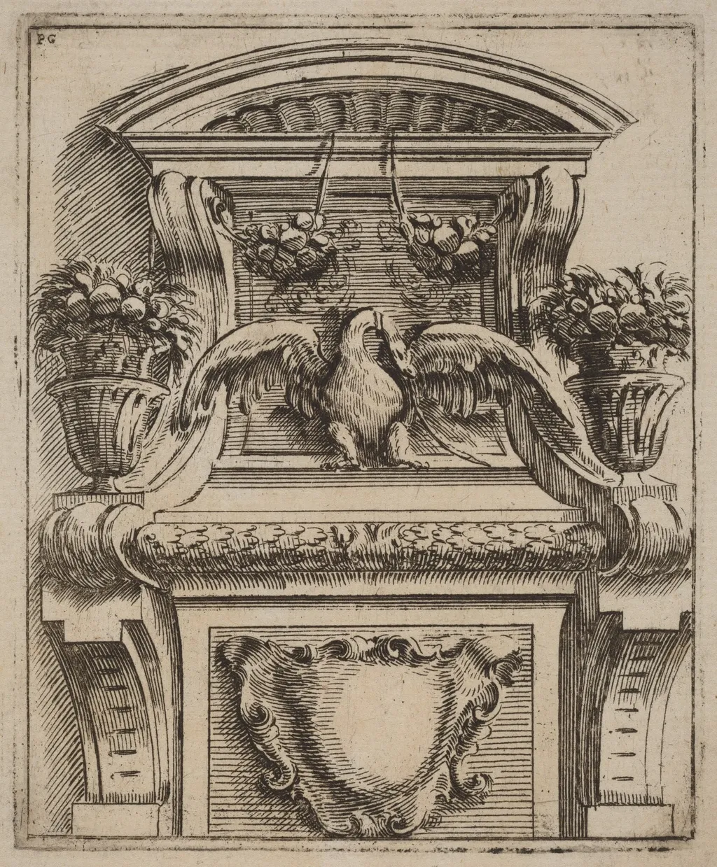 Architectural Motif with a Bird, by Carlo Antonio Buffagnotti, ink, 1690