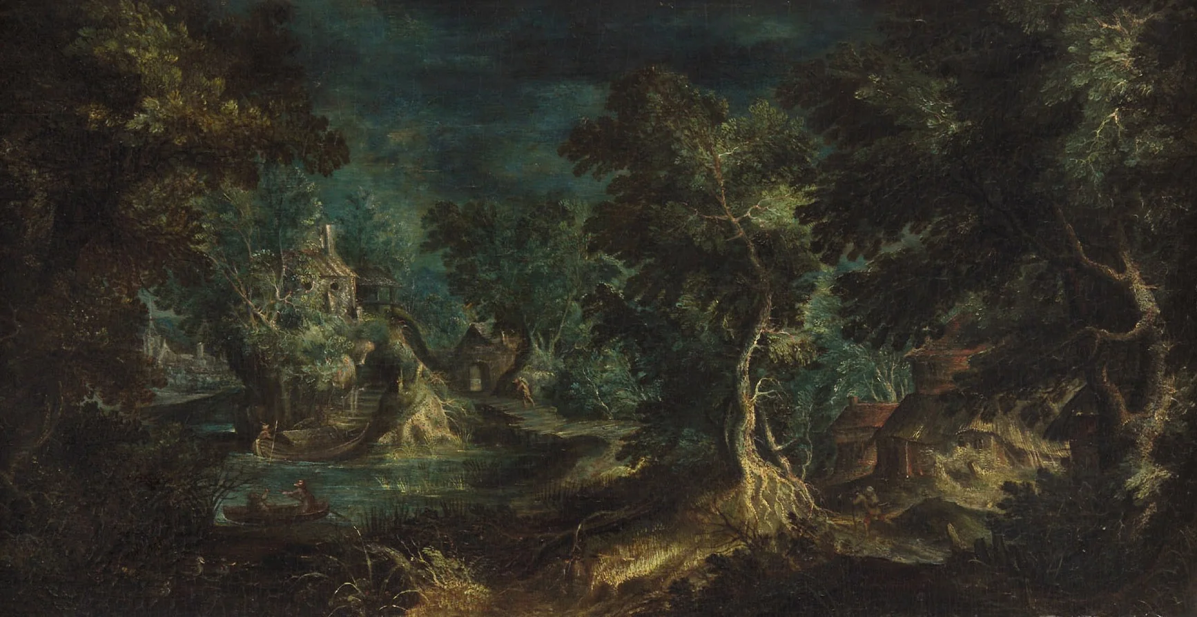 Phantastische Landschaft mit Hirten und Bäumen, detail
