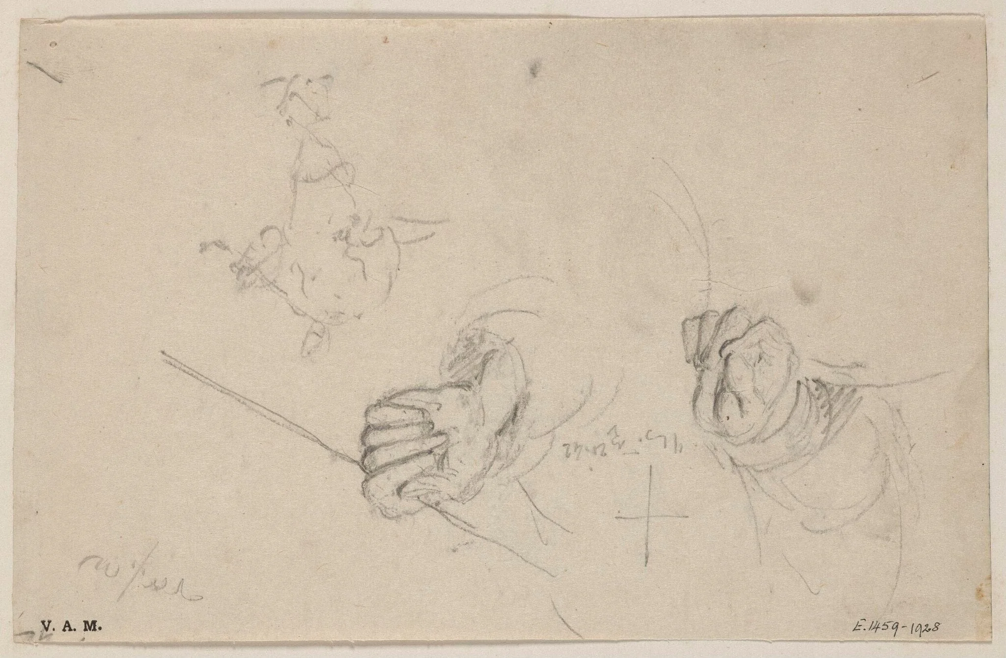 The hands of a Chinese figure holding a line or pipe, detail