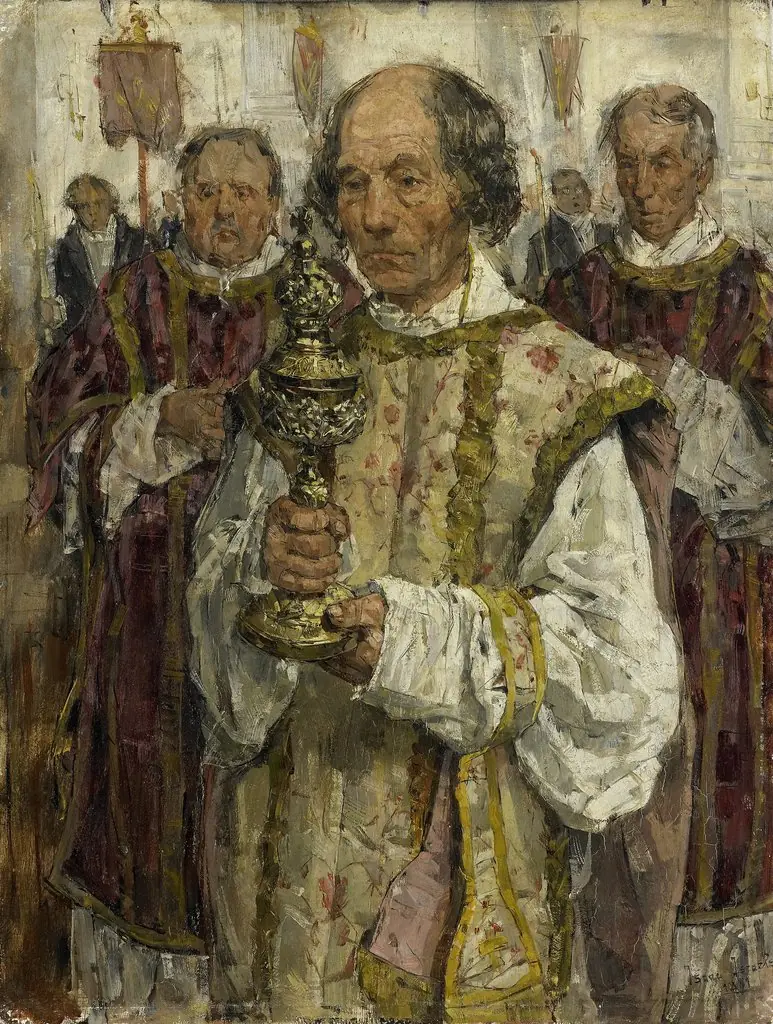 Procession in the Old Catholic Church in The Hague with priest Cornelis Hendrikus van Vlooten, by Isaac Israëls, oil, 1891
