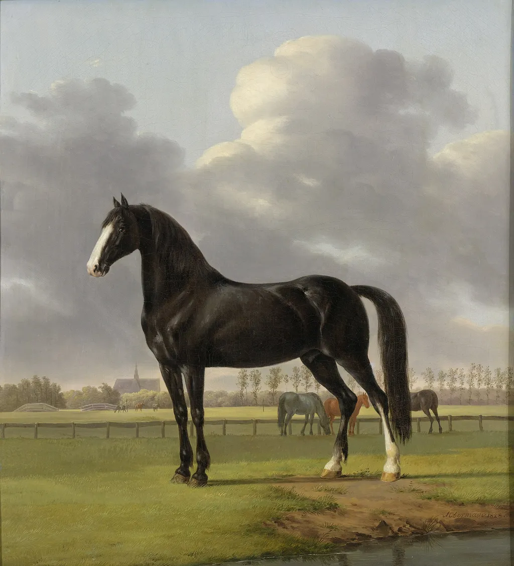 Adriaan van der Hoop’s Trotter ‘De Vlugge’ (The Fast One) in a Meadow, by Anthony Oberman, oil, 1828