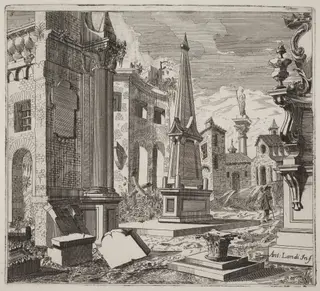 Fantastic Townscape with Ruins, by Giuseppe Antonio Landi, ink, 1753