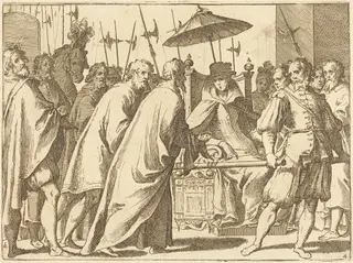 Margaret of Austria Being Carried in a Chaise, by Raffaello Schiaminossi, ink, 1612