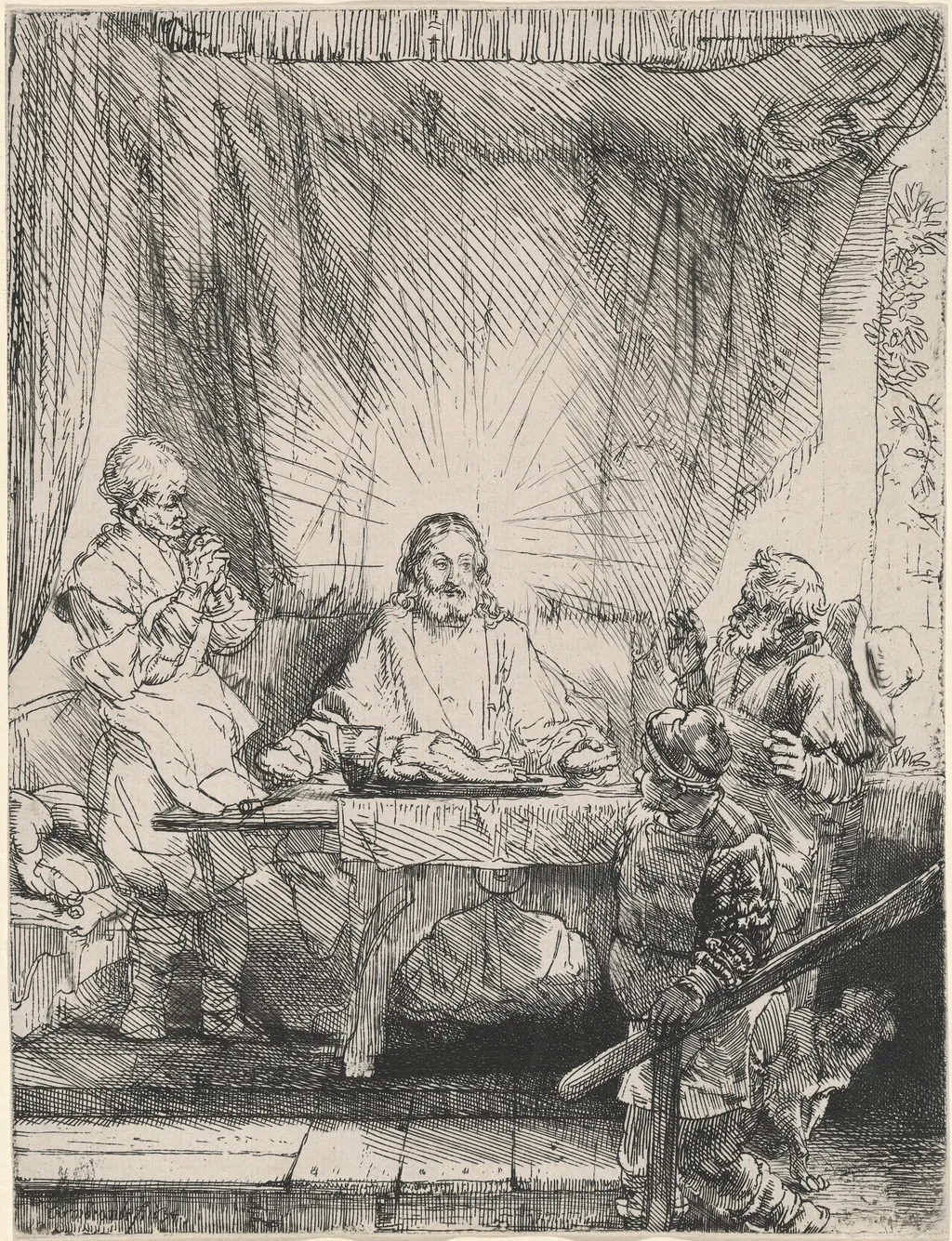 Christ at Emmaus: the Larger Plate, by Rembrandt van Rijn, ink, 1654