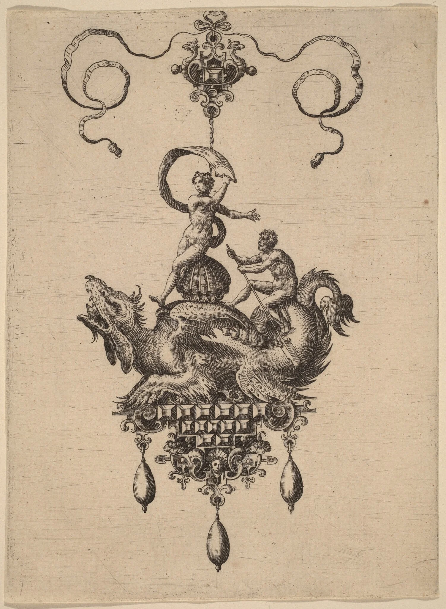 Design for a Pendant with a Winged Sea-Monster Carrying Venus Anadyomene on a Shell and a Man with an Oar, detail