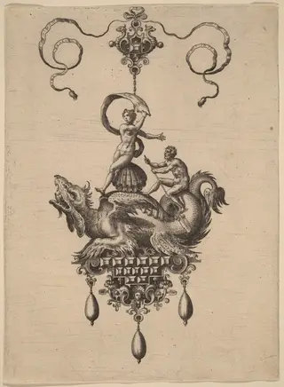Design for a Pendant with a Winged Sea-Monster Carrying Venus Anadyomene on a Shell and a Man with an Oar, by Adriaen Collaert, ink, 1582