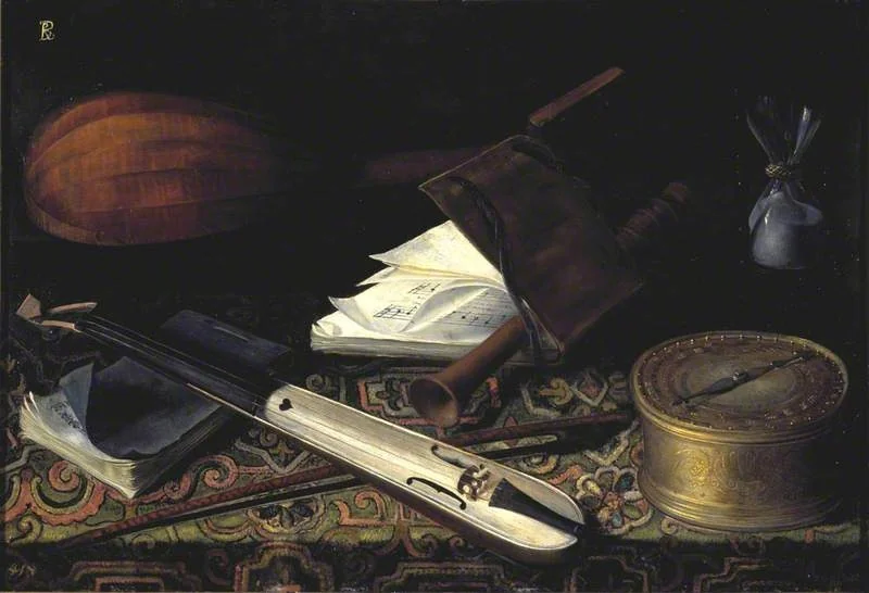 Still-life with Musical Instruments (Reverse: A Man's Head (unfinished)), detail