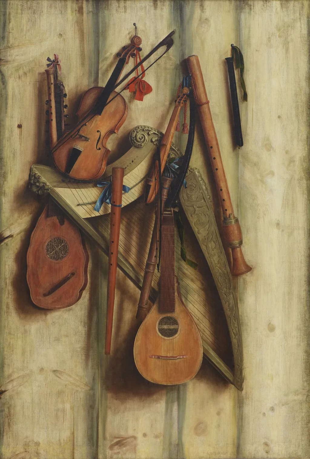 Board Partition with Musical Instruments. Trompe l'oeil, by Franciscus Gijsbrechts, oil, 1672