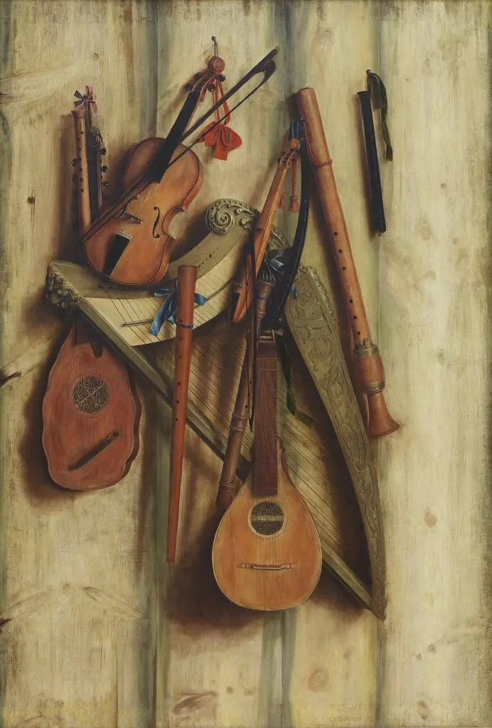 Board Partition with Musical Instruments. Trompe l'oeil, by Franciscus Gijsbrechts, oil, 1672