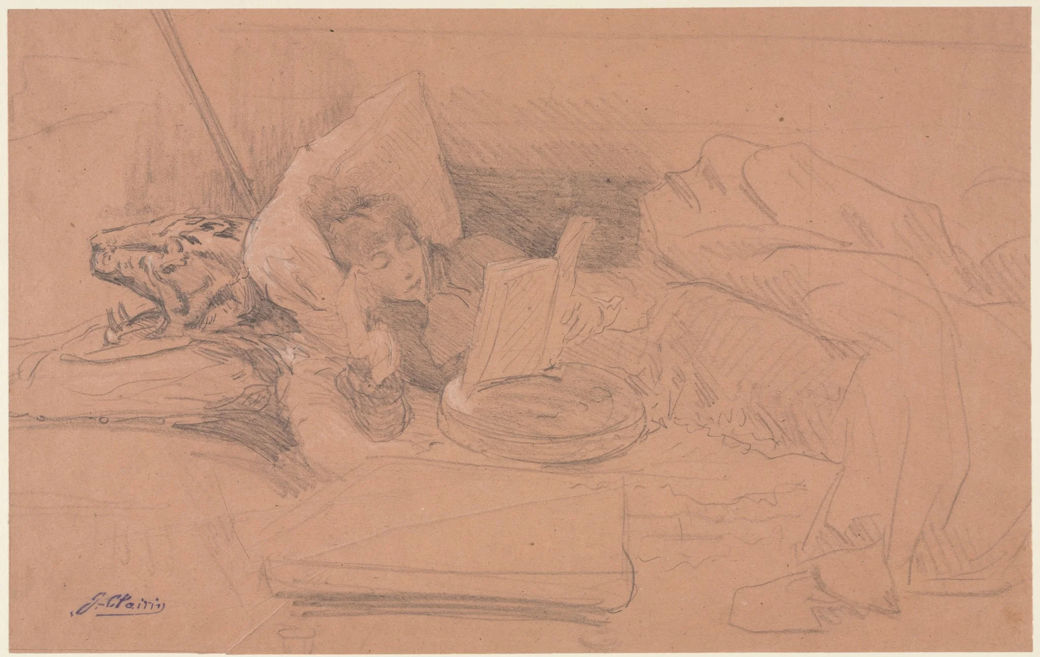 Sarah Bernhardt Reclining on a Divan, Reading, detail