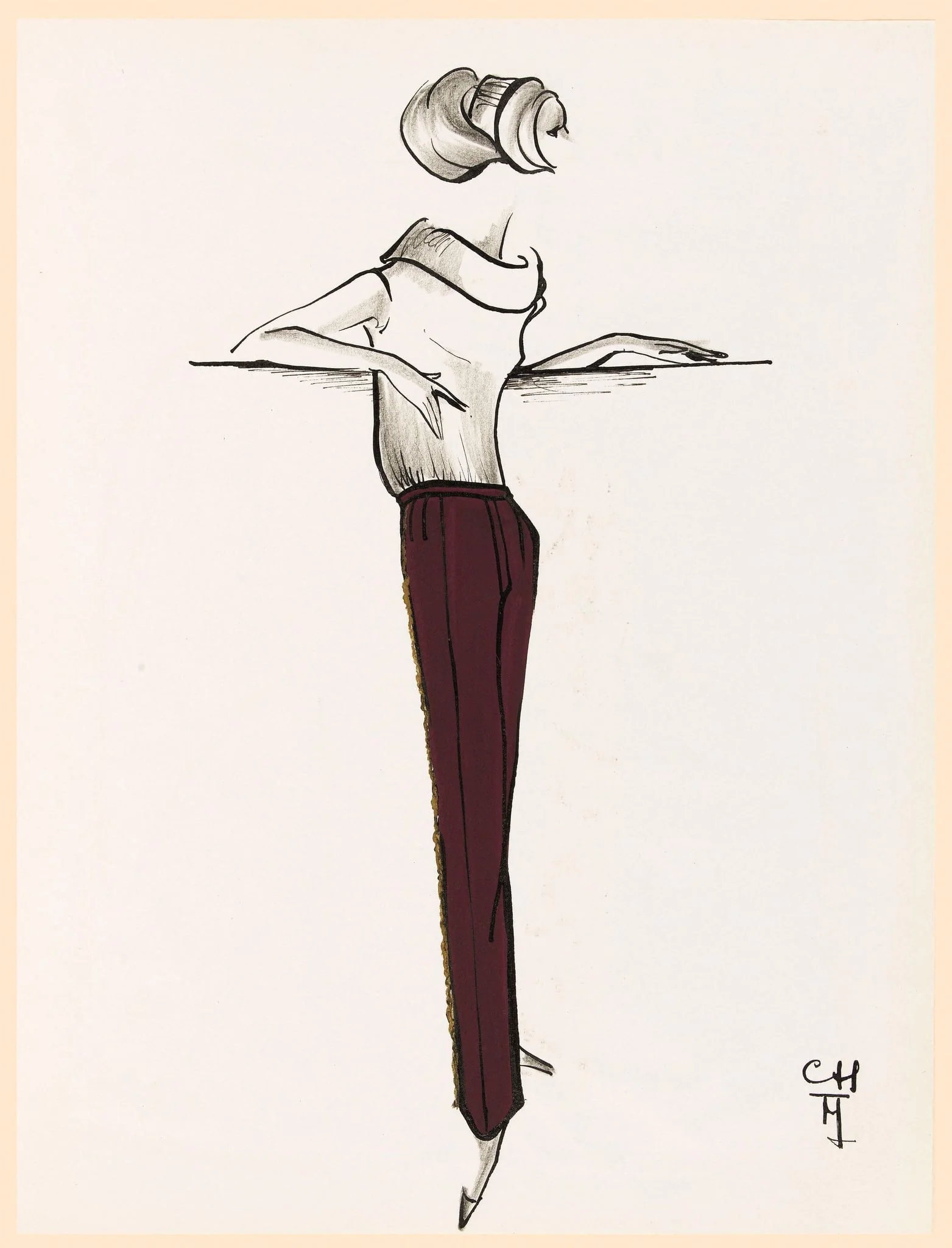 Pantalon bordeaux à pli, detail
