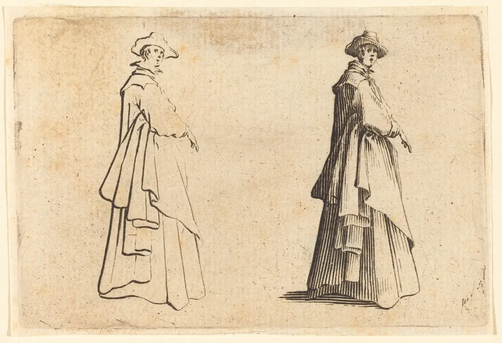 Lady in a Large Coat, by Jacques Callot, ink, 1622