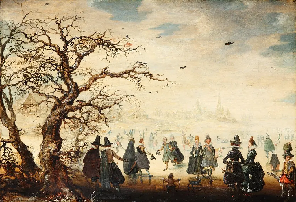 Winter landscape with elegant figures ice-skating, by Adam van Breen, paint, 1615