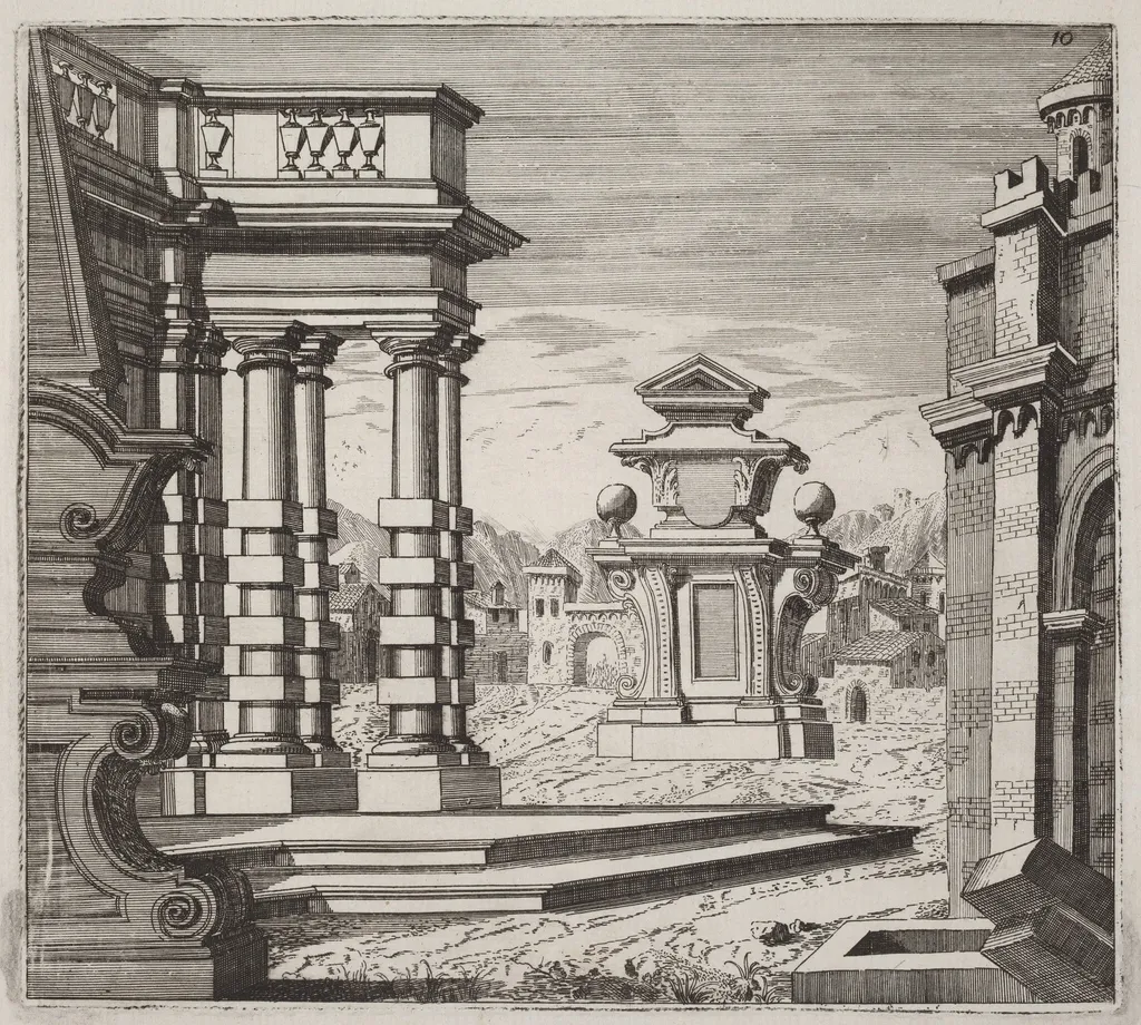 Architectural Fantasy with Portals and Monuments, by Giuseppe Antonio Landi, ink, 1753
