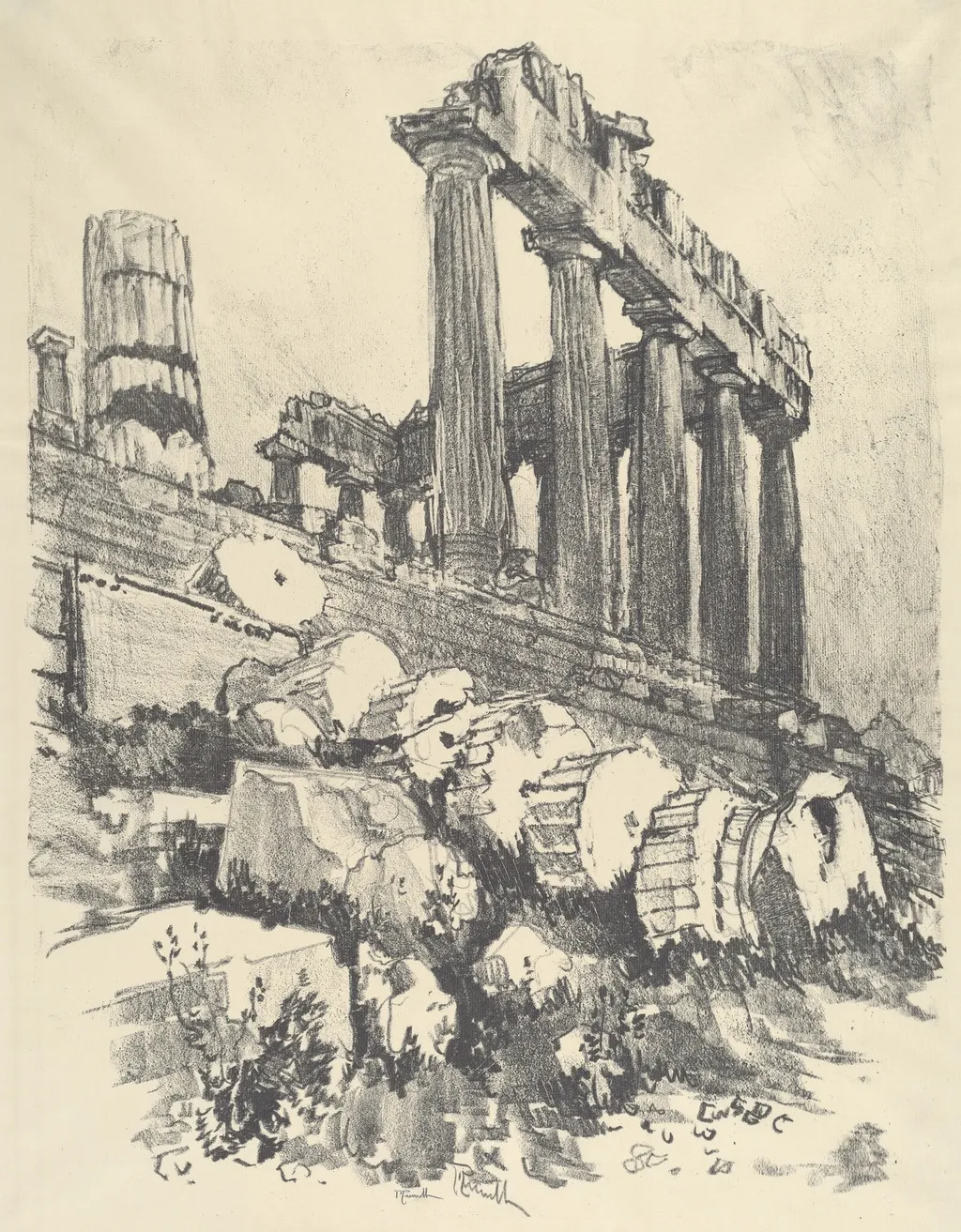 The Fallen Column, Athens, by Joseph Pennell, ink, 1913