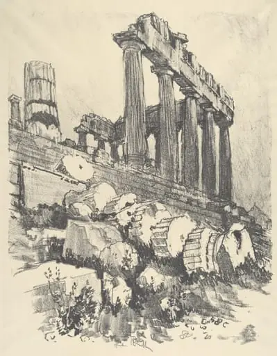 The Fallen Column, Athens, by Joseph Pennell, ink, 1913