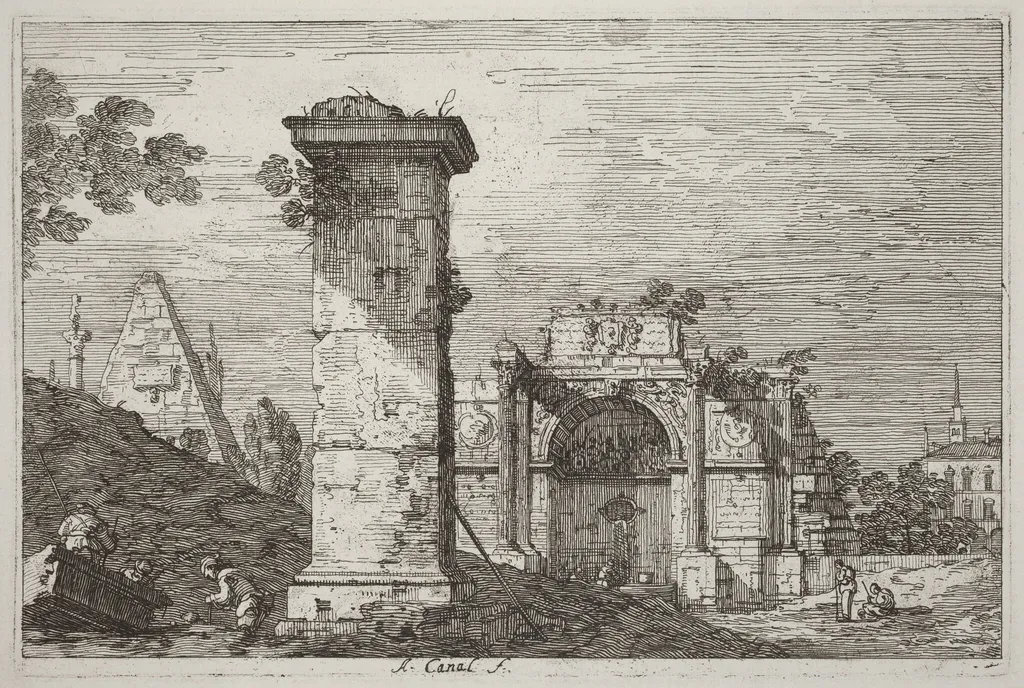 Landscape with Ruined Monuments [right], by Canaletto, ink, 1740