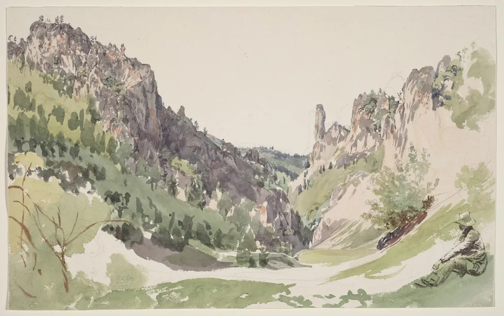 A Seated Man Contemplating a Sunlit Mountain Valley, by Jakob Alt, graphite, 1825