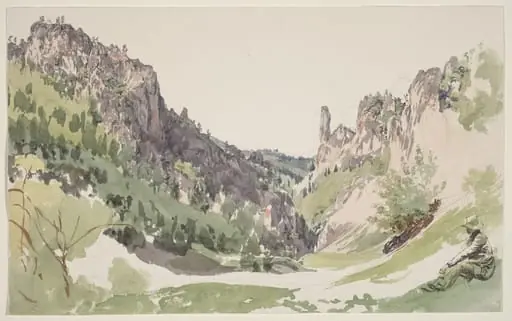 A Seated Man Contemplating a Sunlit Mountain Valley, by Jakob Alt, graphite, 1825