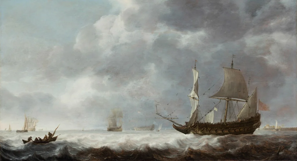 Sea-piece, a breeze near a Dutch port, detail