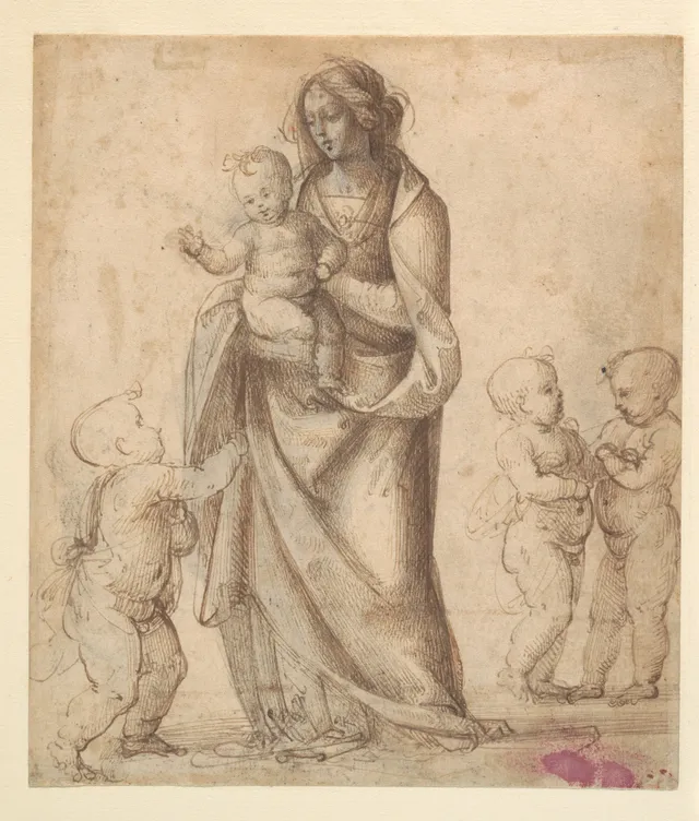 Madonna and Child with the Infant Saint John the Baptist and Two Putti (recto); the same group rethought on the verso. A working sheet that exposes the friar's design process.