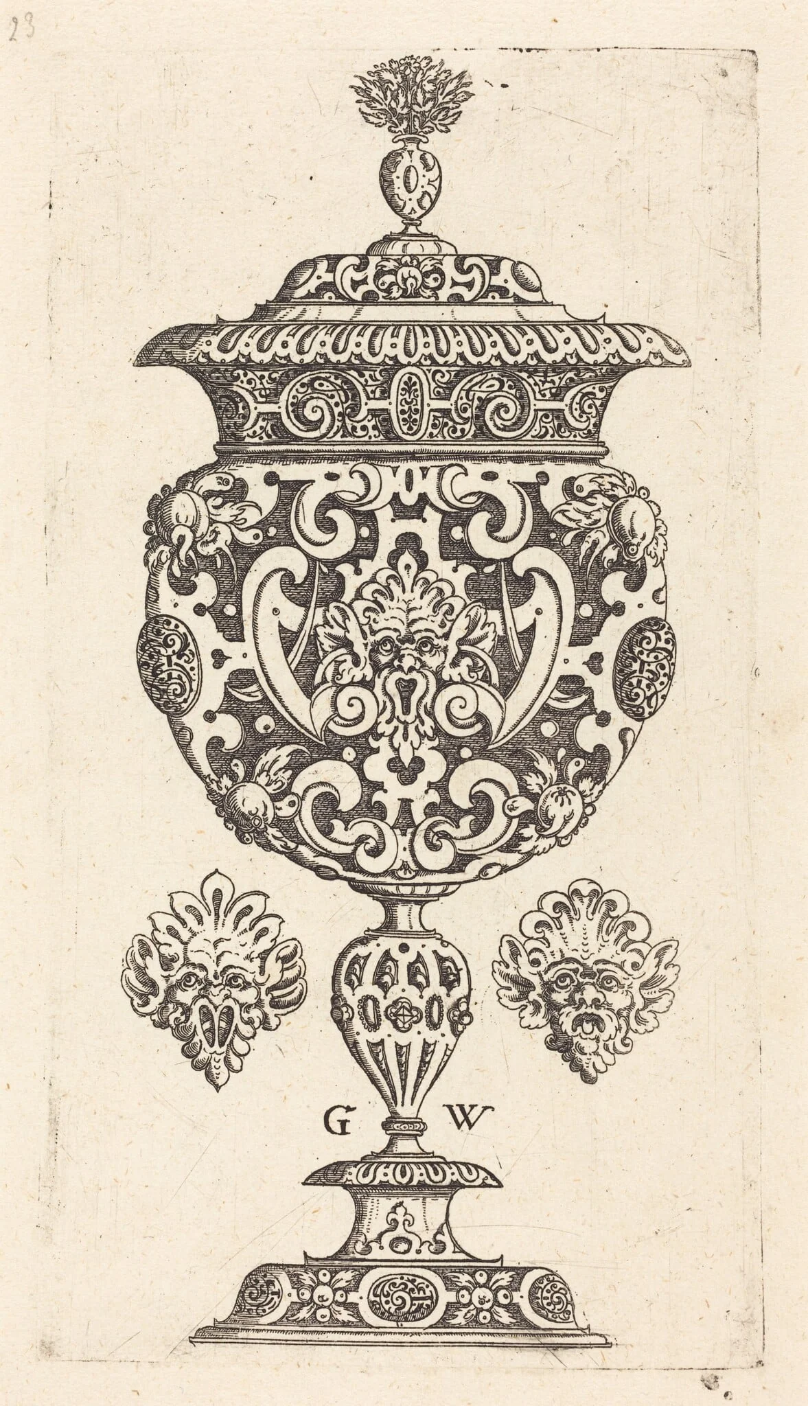 Goblet, rim decorated with masque with gaping mouth, detail