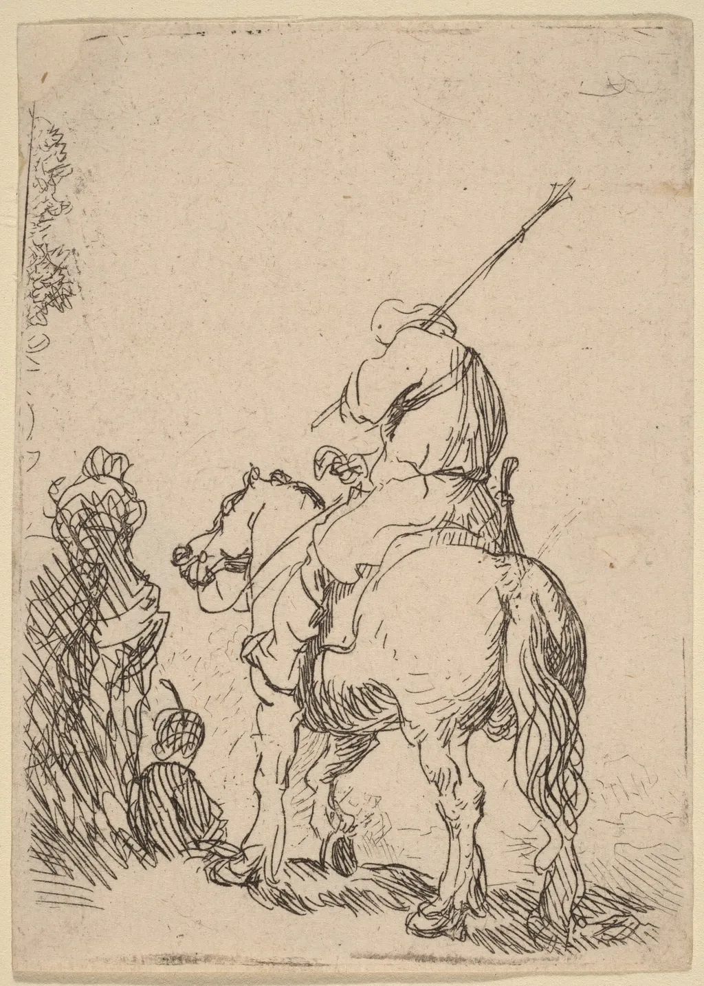 Turbaned Soldier on Horseback, by Rembrandt, ink, 1632