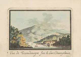 View of Ticonderoga from Lake Champlain, by Charles B. J. Févret de Saint-Mémin, ink, 1795